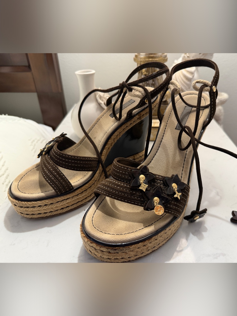 Women's Brown Espadrille Wedge Sandals with Floral Charms